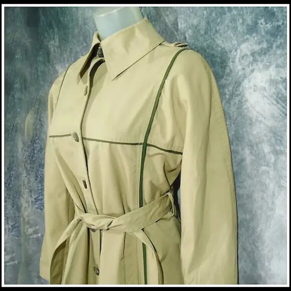 MOD Vintage Khaki Trench Coat Geometric Lines Raincoat VFG, Unique Styling - Picture 7 of 14